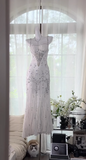 Niulatu Spaghetti Straps Apricot Beaded Chiffon Mermaid Gowns Vintage Backless Prom Dress HZ1026