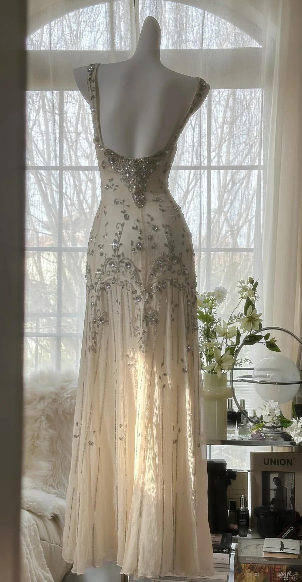 Niulatu Spaghetti Straps Apricot Beaded Chiffon Mermaid Gowns Vintage Backless Prom Dress HZ1026