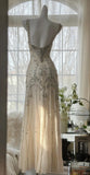 Niulatu Spaghetti Straps Apricot Beaded Chiffon Mermaid Gowns Vintage Backless Prom Dress HZ1026