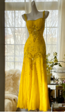 Niulatu Spaghetti Straps Apricot Beaded Chiffon Mermaid Gowns Vintage Backless Prom Dress HZ1026