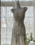 Niulatu Spaghetti Straps Apricot Beaded Chiffon Mermaid Gowns Vintage Backless Prom Dress HZ1026