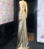 Niulatu Spaghetti Strap V-Neck Satin Beaded Long Prom Dress Shiny Beaded Backless Evening Dress HZ1103