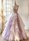 Niulatu A-line Spaghetti Strap V-Neck Gradient Purple Tulle Long Prom Dresses Shiny Sequins Layered Evening Gown HZ1103