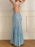 Niulatu Sky Blue Tulle Mermaid Gowns V-Neck Shiny Sequined Backless Long Prom Dresses HZ1103