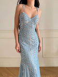 Niulatu Sky Blue Tulle Mermaid Gowns V-Neck Shiny Sequined Backless Long Prom Dresses HZ1103