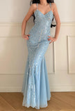 Niulatu Sky Blue Tulle Mermaid Gowns V-Neck Shiny Sequined Backless Long Prom Dresses HZ1103