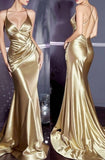 Niulatu Gold Satin Spaghetti Strap Mermaid Backless Prom Dress Formal Prom Dress HZ1103