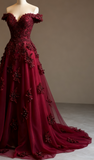 Niulatu Red A-line Off-the-shoulder Tulle Beaded Long Prom Dress Formal Applique Evening Dress HZ1026