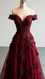Niulatu Red A-line Off-the-shoulder Tulle Beaded Long Prom Dress Formal Applique Evening Dress HZ1026