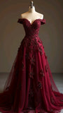 Niulatu Red A-line Off-the-shoulder Tulle Beaded Long Prom Dress Formal Applique Evening Dress HZ1026