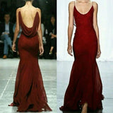 Niulatu Burgundy Spaghetti Straps Mermaid Backless Chiffon Long Prom Dress HZ1103
