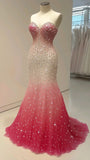 Niulatu Gradient Pink Sweetheart Neck Tulle Mermaid Shiny Sequin Long Prom Dress HZ1103