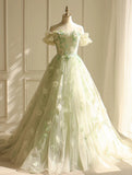 Niulatu Light Green A-Line Tulle Off-the-shoulder Applique Long Prom Dress HZ1103