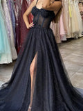 Niulatu Black A-Line Tulle Sequin Long Prom Dress Spaghetti Strap Formal Evening Dress with Silt HZ1103