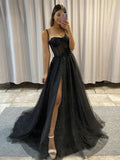 Niulatu Black A-Line Tulle Sequin Long Prom Dress Spaghetti Strap Formal Evening Dress with Silt HZ1103