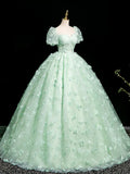 Niulatu Mint Green A-Line Puff Sleeves Tulle Lace Long Prom Dress Formal Dress HZ1103