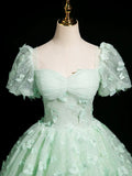 Niulatu Mint Green A-Line Puff Sleeves Tulle Lace Long Prom Dress Formal Dress HZ1103