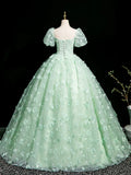 Niulatu Mint Green A-Line Puff Sleeves Tulle Lace Long Prom Dress Formal Dress HZ1103