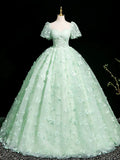 Niulatu Mint Green A-Line Puff Sleeves Tulle Lace Long Prom Dress Formal Dress HZ1103