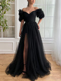 Niulatu Sexy Off-shoulder Tulle Long Prom Dresses Elegant Formal Evening Dresses with Slits HZ1103
