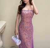 Niulatu Purple Chiffon Mermaid Prom Dresses Elegant Beaded Sleeveless Party Dresses HZ1103