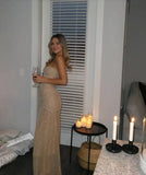 Niulatu Champagne Strapless Sheath Sparkling Tulle Long Prom Dress Sexy Party Dress HZ1103