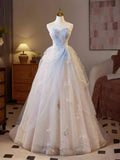 Niulatu A-Line Sweetheart Tulle Champagne Long Prom Dresses Beaded Sequins Sweet 16 HZ1103