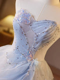 Niulatu A-Line Sweetheart Tulle Champagne Long Prom Dresses Beaded Sequins Sweet 16 HZ1103