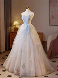 Niulatu A-Line Sweetheart Tulle Champagne Long Prom Dresses Beaded Sequins Sweet 16 HZ1103