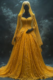 Niulatu Yellow Strapless A-Line Tulle Lace Applique Long Prom Dresses Glam Wedding Dresses HZ1103