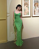 Niulatu Green Spaghetti Strap Mermaid Prom Dresses Sparkling Beaded Sequins Long Evening Dresses with Open Back HZ1103