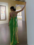 Niulatu Green Spaghetti Strap Mermaid Prom Dresses Sparkling Beaded Sequins Long Evening Dresses with Open Back HZ1103