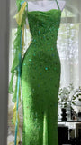 Niulatu Green Spaghetti Strap Mermaid Prom Dresses Sparkling Beaded Sequins Long Evening Dresses with Open Back HZ1103