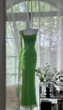 Niulatu Green Spaghetti Strap Mermaid Prom Dresses Sparkling Beaded Sequins Long Evening Dresses with Open Back HZ1103