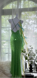 Niulatu Green Spaghetti Strap Mermaid Prom Dresses Sparkling Beaded Sequins Long Evening Dresses with Open Back HZ1103
