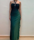 Niulatu Green Chiffon Sheath Party Dress Elegant Halter Long Evening Dress with Ruffles HZ1103