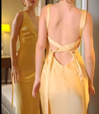 Niulatu Yellow Satin Sheath V Neck Backless Party Dress Sexy Elegant Evening Dress HZ1103