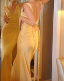 Niulatu Yellow Satin Sheath V Neck Backless Party Dress Sexy Elegant Evening Dress HZ1103