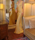 Niulatu Yellow Satin Sheath V Neck Backless Party Dress Sexy Elegant Evening Dress HZ1103