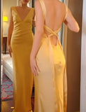 Niulatu Yellow Satin Sheath V Neck Backless Party Dress Sexy Elegant Evening Dress HZ1103