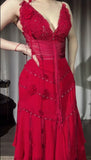 Niulatu Red V-Neck A-Line Chiffon Tiered Party Dress Shiny Beaded Evening Dress HZ1103