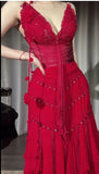 Niulatu Red V-Neck A-Line Chiffon Tiered Party Dress Shiny Beaded Evening Dress HZ1103