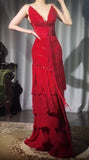 Niulatu Red V-Neck A-Line Chiffon Tiered Party Dress Shiny Beaded Evening Dress HZ1103