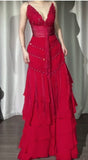 Niulatu Red V-Neck A-Line Chiffon Tiered Party Dress Shiny Beaded Evening Dress HZ1103