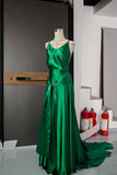 Niulatu Emerald Green Spaghetti Straps Satin Long Prom Dresses Simple Train Backless Evening Dress HZ1103
