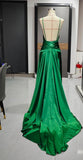 Niulatu Emerald Green Spaghetti Straps Satin Long Prom Dresses Simple Train Backless Evening Dress HZ1103