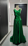 Niulatu Emerald Green Spaghetti Straps Satin Long Prom Dresses Simple Train Backless Evening Dress HZ1103
