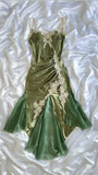 Niulatu Olive Green Spaghetti Straps Satin Party Dress Vintage Lace Applique Chiffon Mermaid Evening Dress HZ1103