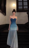 Niulatu Gradient Blue Mermaid Sweetheart Chiffon Long Prom Dress Elegant Evening Dress HZ1103