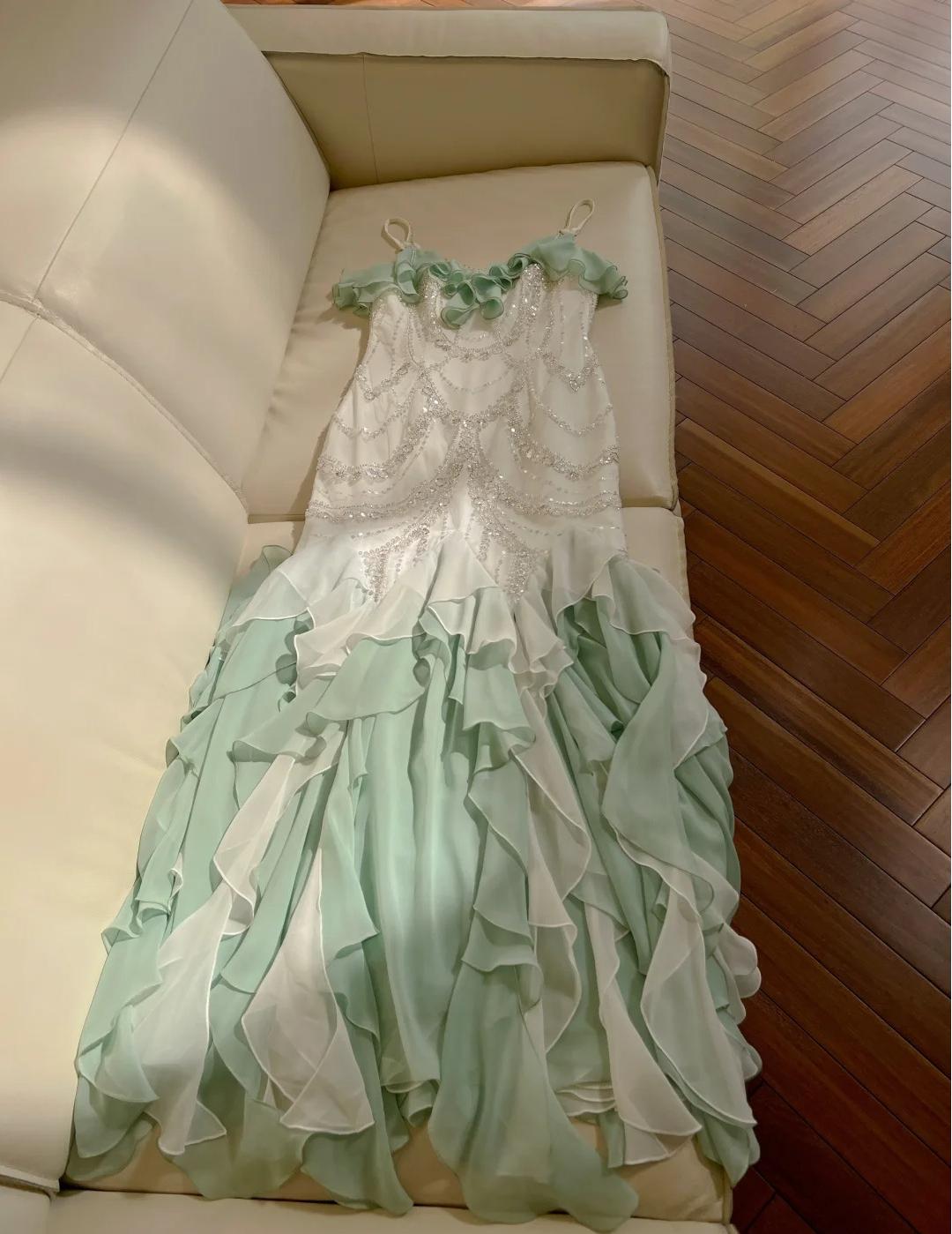 Niulatu Mint Green Spaghetti Straps Chiffon Ruffled Prom Dresses Shiny Beaded Sequined Backless Evening Dresses HZ1103